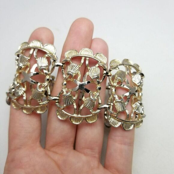 Vintage Pale Gold Tone Wide Chain Panel Bangle Bracelet, Retro Estate Design - Picture 7 of 7